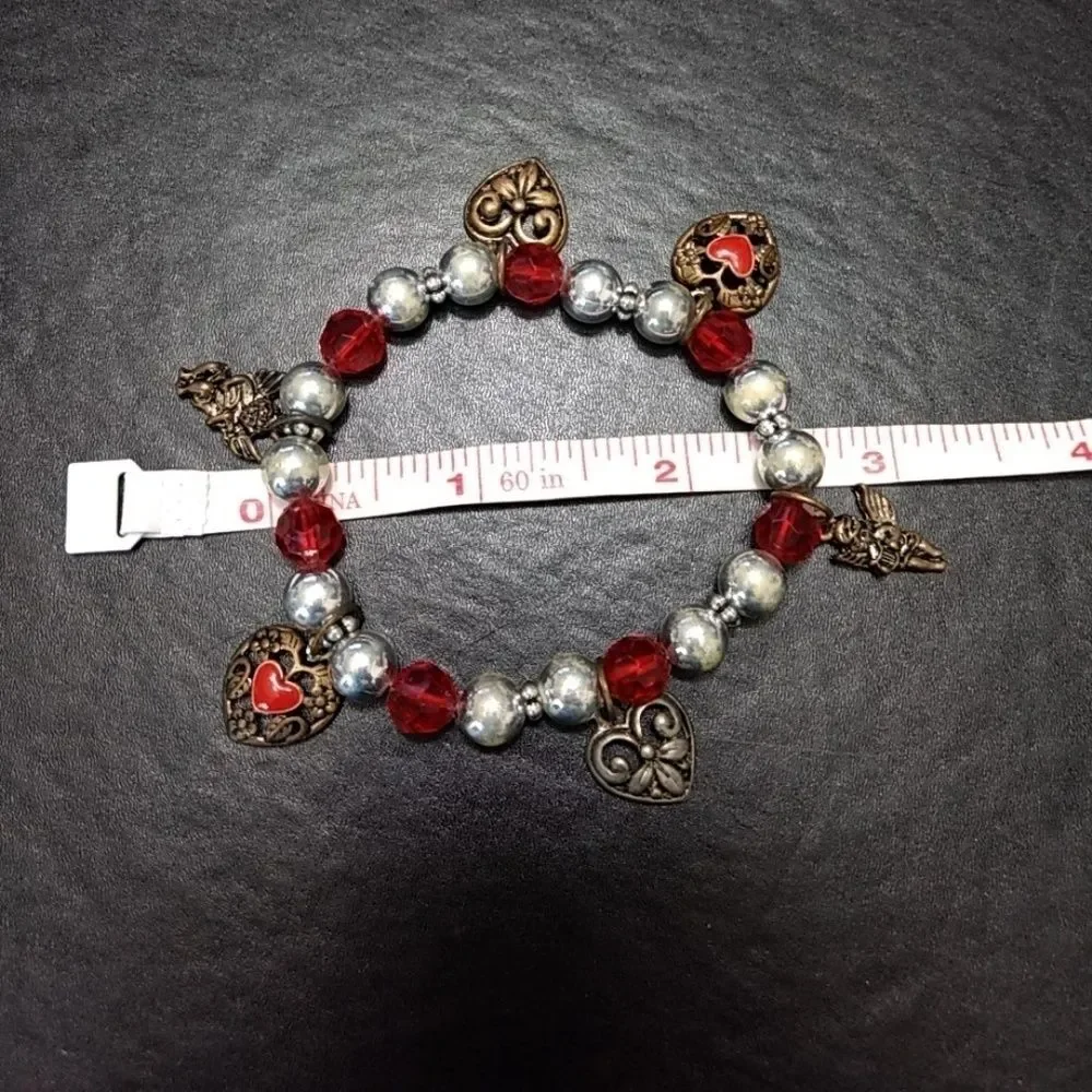 Heart charm bracelet with silver and red beads 6.5